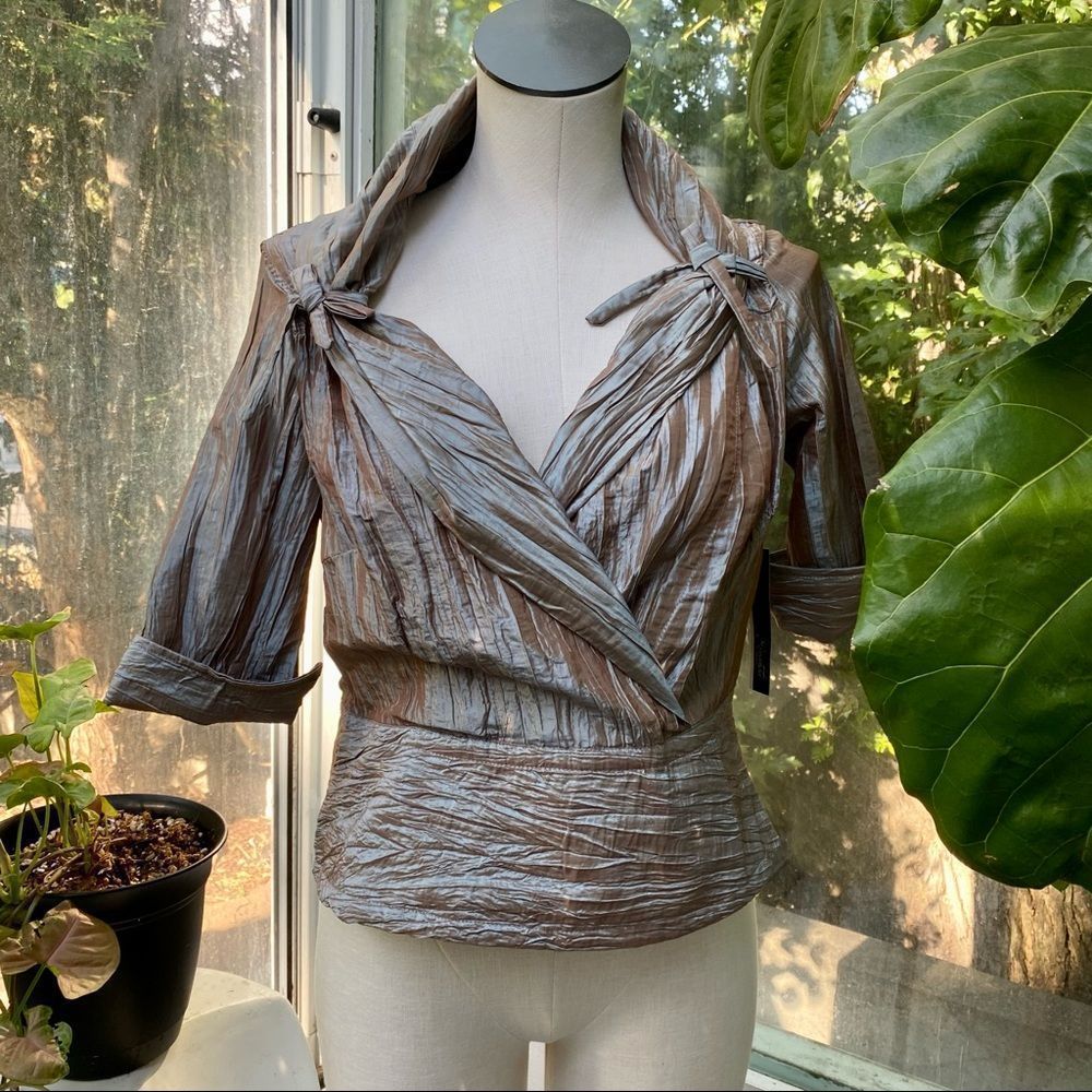 Essentials by Milano Taffeta Crossover with High Collar Blouse